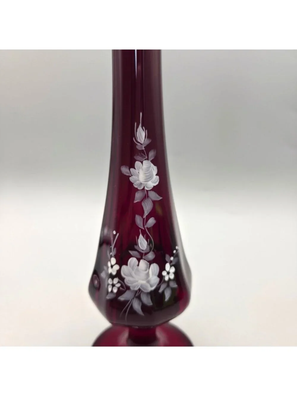 Fenton Ruby Red Swung Bud Vase Vesper Roses Hand Painted Signed E Thomas UV 8